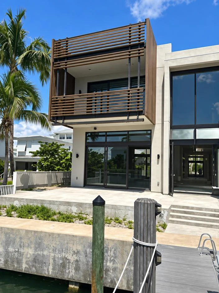 Custom Home — finished waterfront rear elevation with wood-clad balconies