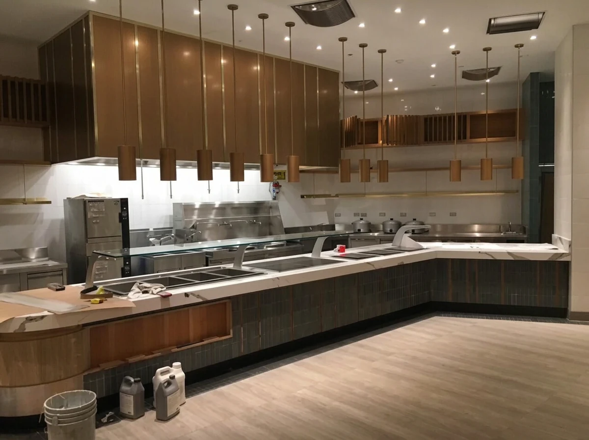 Hard Rock Hotel Buffet — buffet counter line beneath the wood canopy detail