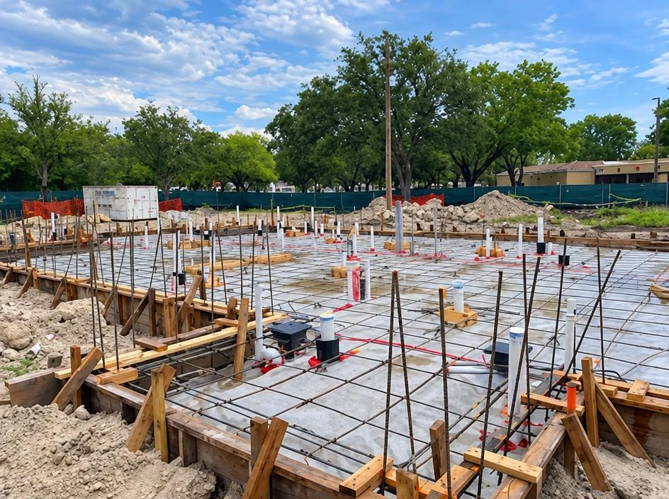 Mavis Tires — foundation slab with rebar grid during construction