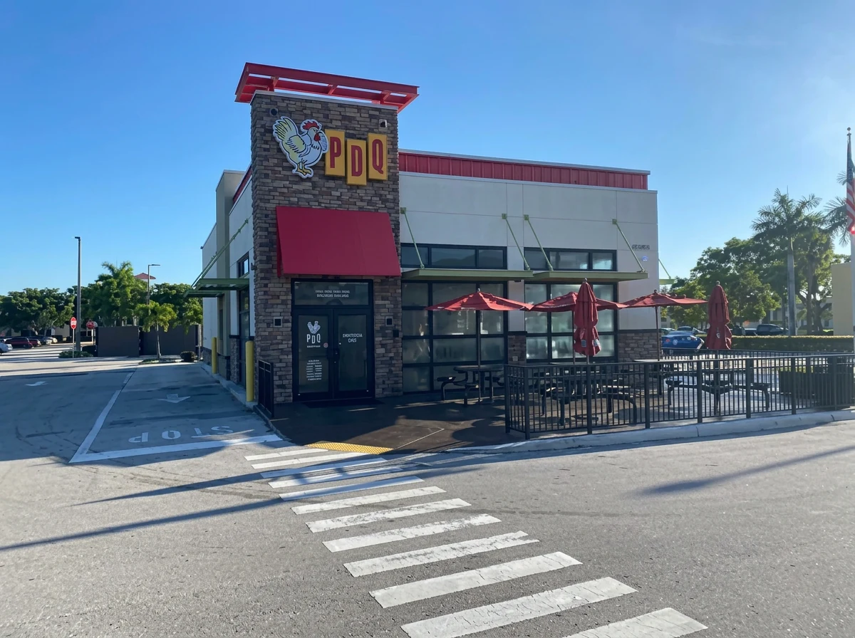 PDQ Restaurant — exterior corner with signage and outdoor seating